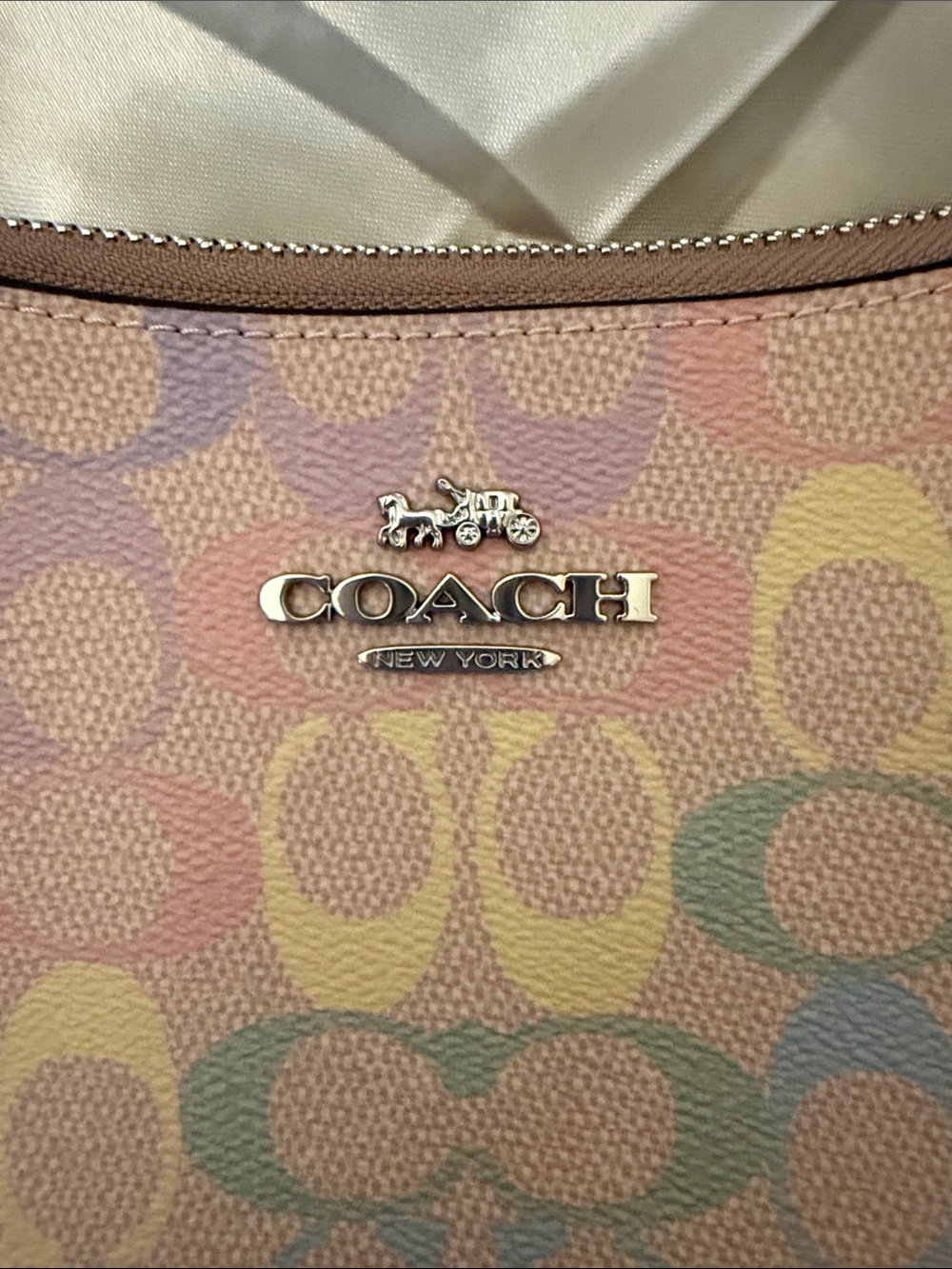 🌈Coach NWT Rainbow Pastel Print Teri Shoulder Bag/Tan Trim/Silver Hardware - Picture 6 of 11